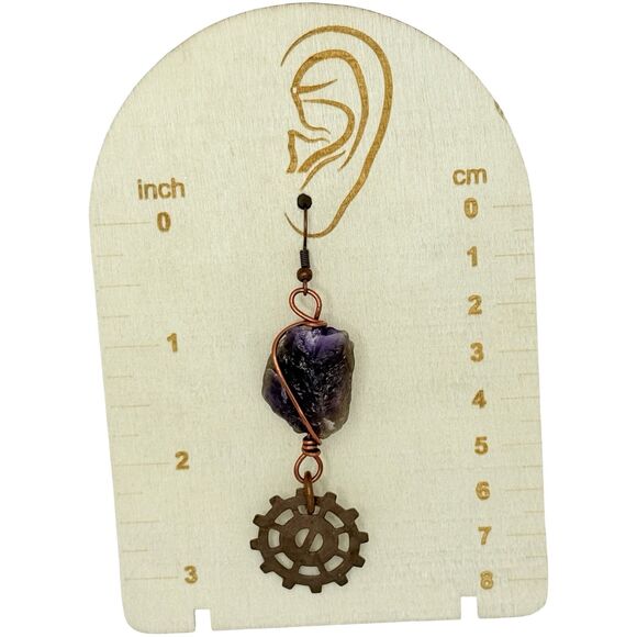 Amethyst Copper Wrapped Dangle Earrings Gear Charm 3" Artesian Steampunk - Picture 11 of 11